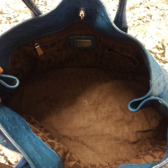 FURLA LIKE NEW APPALOOSA EAST WEST BLUE OSTRICH EMBOSSED LEATHER "TOTE" HANDBAG - Picture 7 of 13